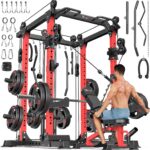 Power Cages Multi-Purpose Squat Rack with Cable Crossover System, Matching Weight Bench, Olympic Barbell Weight Set for Garage and Home Gyms