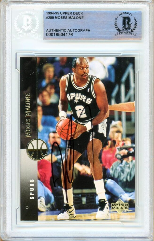 Moses Malone Signed 1994-1995 Upper Deck Card #288, Beckett Authentic Autograph Slab, San Antonio Spurs Autographed Basketball Memorabilia