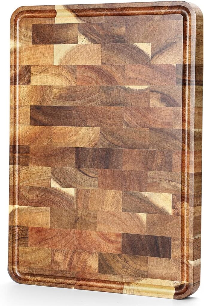 XINZUO Acacia Wood End Grain Cutting Board (13.8”L x 9.8”W x 1”T)-Wooden Chopping Board with Non-Slip Feet, Side Handles and Juice Groove
