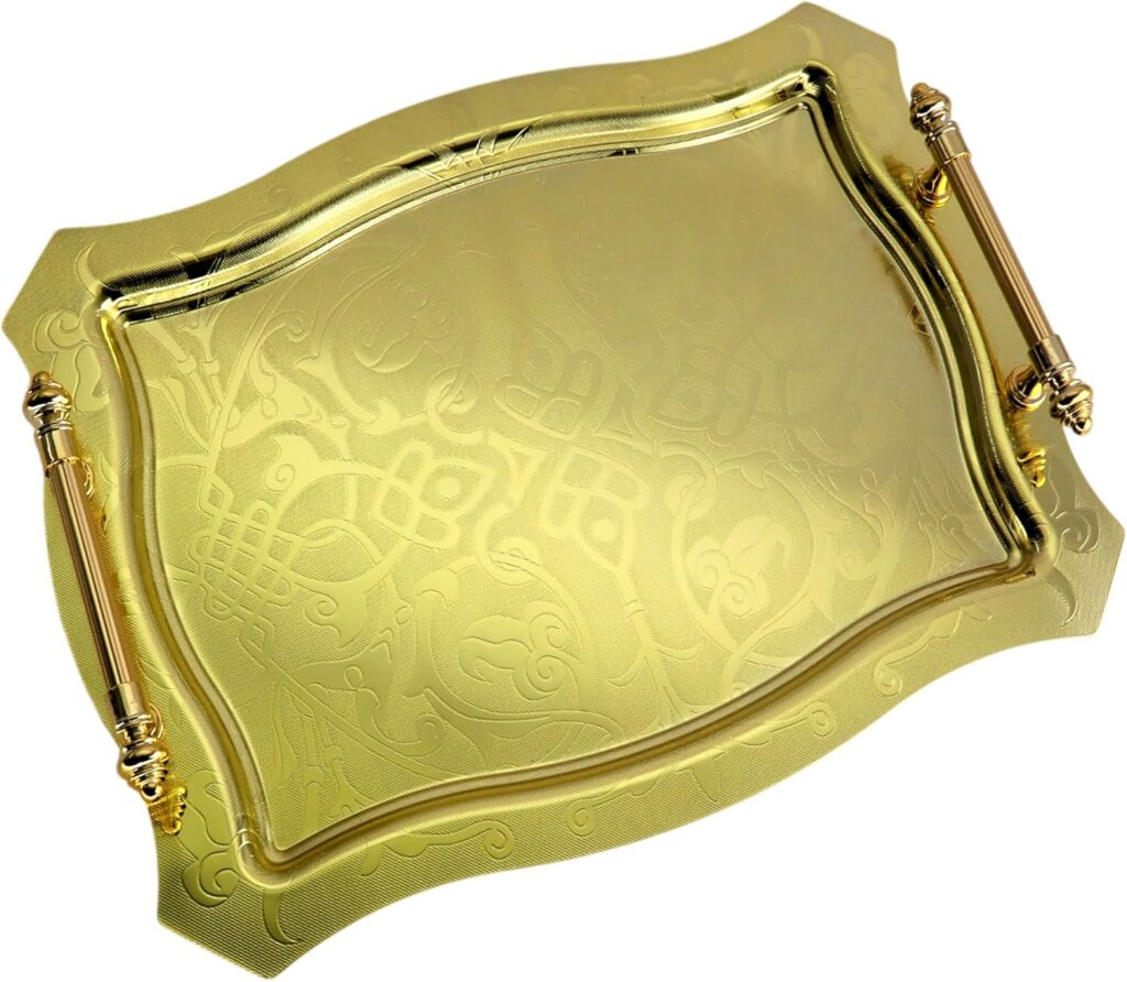 16.9 inch x 12.1 inch Octagonal Iron Gold Serving Tray with Handles Vintage Floral Edge Engraved Decorative Holiday Wedding Birthday Snack Wine Candle Platter Plate Party Base FST-059