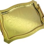 16.9 inch x 12.1 inch Octagonal Iron Gold Serving Tray with Handles Vintage Floral Edge Engraved Decorative Holiday Wedding Birthday Snack Wine Candle Platter Plate Party Base FST-059