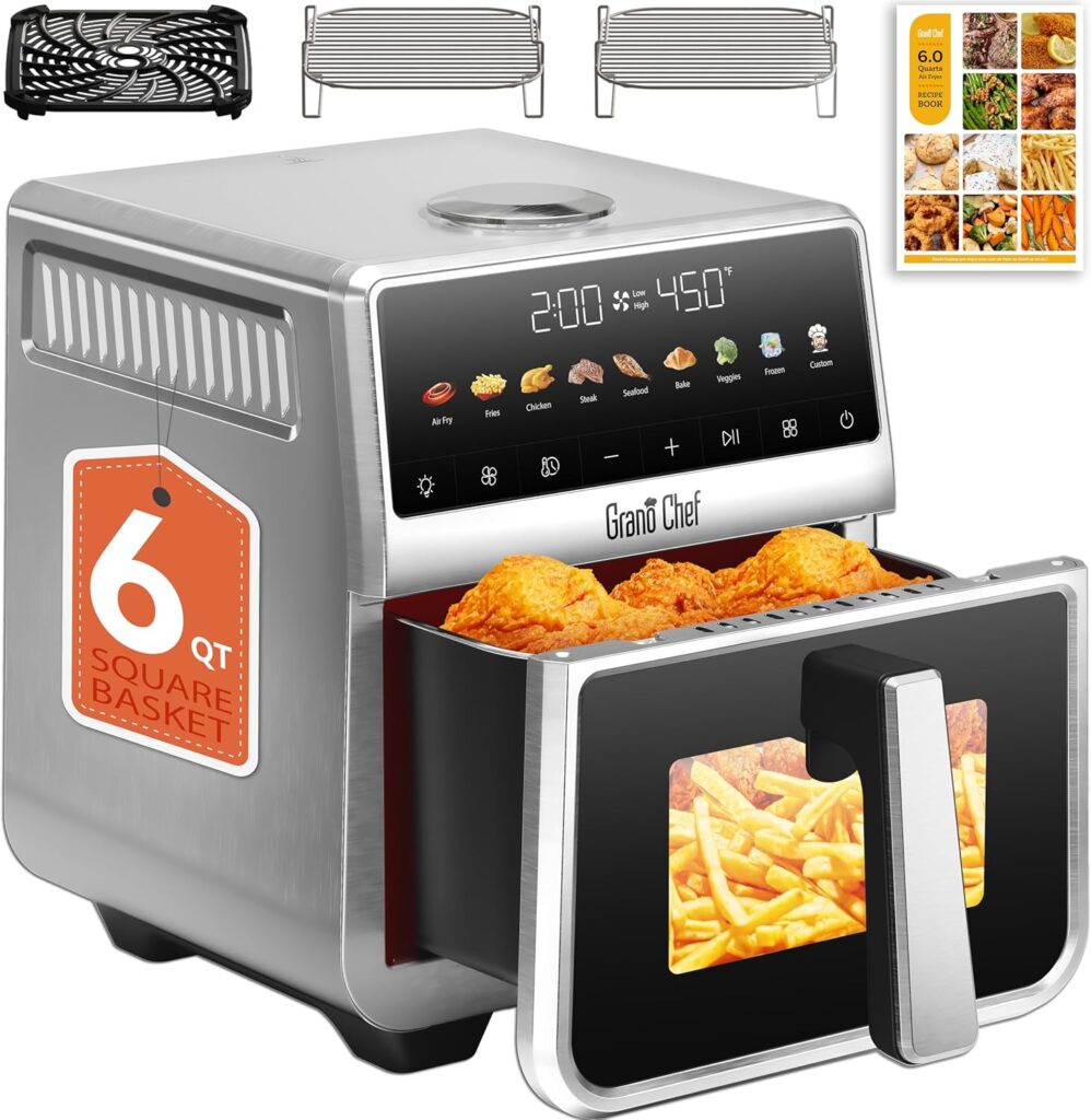 Air Fryer, 6 Qt, Stainless Steel Air Fryer, Stainless Steel Housing& Full Metal Inner Pot, PTFE and PFAS Free, 9 Digital One-Touch Cook Functions,120°F~450°F, 1700W