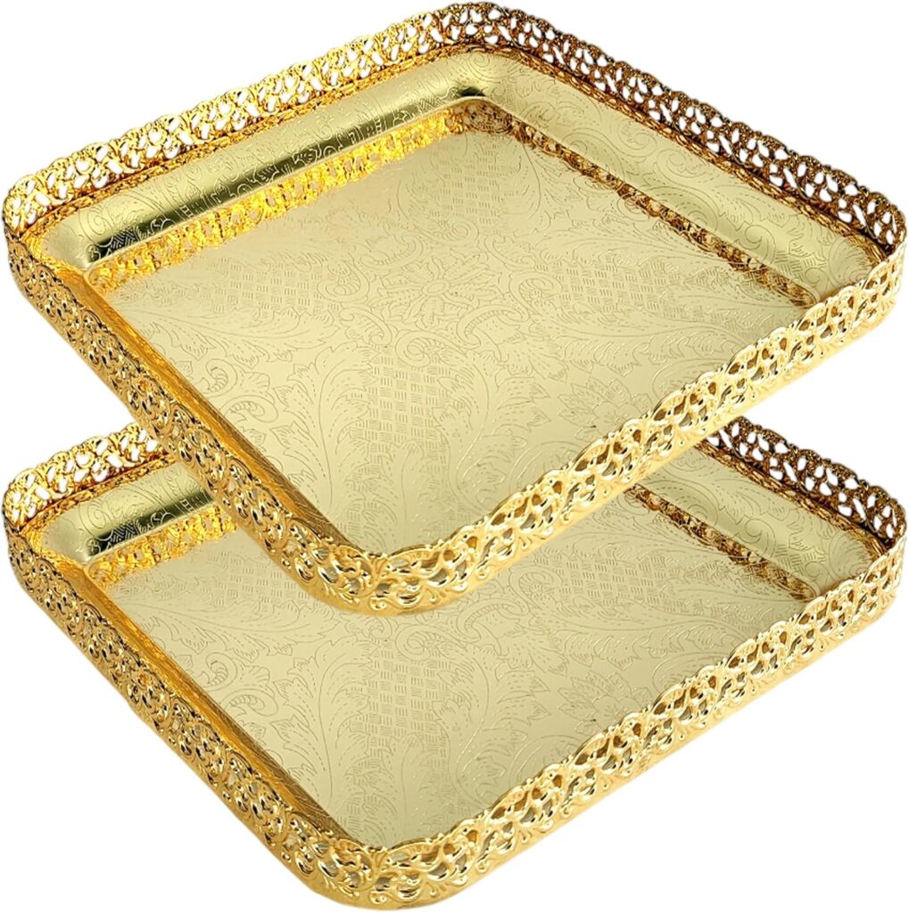 (Pack of 2) 9.1 inch x 9 inch Square Iron Gold Serving Tray Stylish Design Floral Engraved Edge Decorative Birthday Dessert Buffet Platter Plate Birthday Gift Base Dish NC-035
