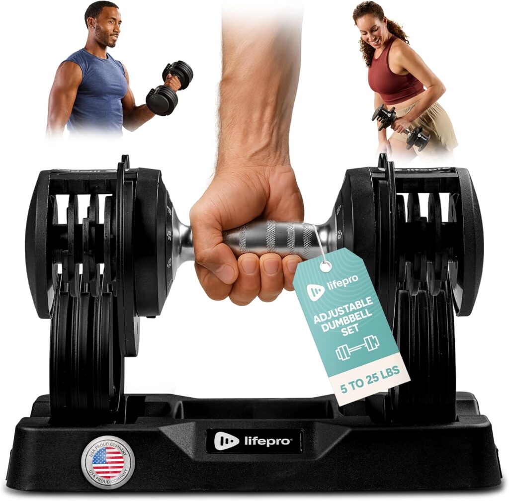 Lifepro Adjustable Dumbbells – 25lb Pair or 90lb Single, Quick-Select Hand Weights for Men/Women – Space Saving Exercise Fitness Dumbbells for Home Gym Strength & Weight Training