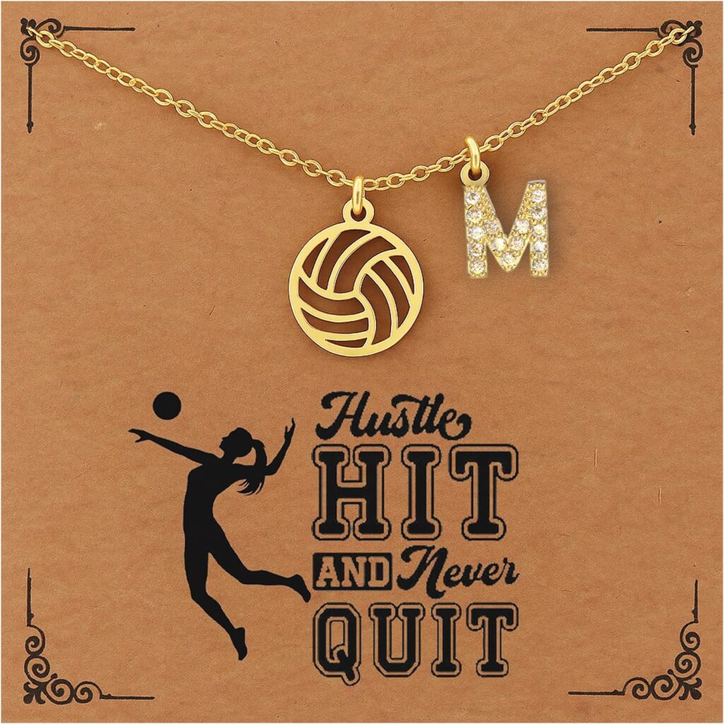 Volleyball Necklace with Initial for Girls Inspirational Sports Jewelry with Card Meaningful Gift for Volleyball Players and Teams