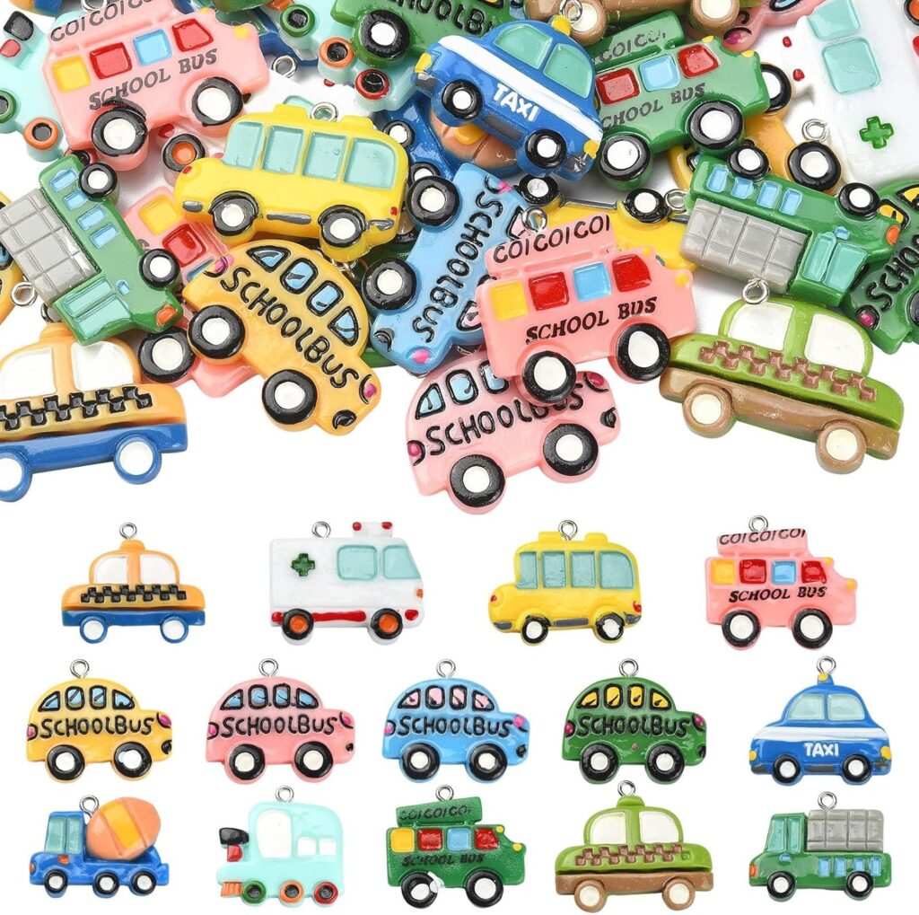 DanLingJewelry 56Pcs Mixed Styles Resin Vehicle Transportation Theme Charms Car School Bus Taxi Truck Flatback Charms for DIY Jewelry Making