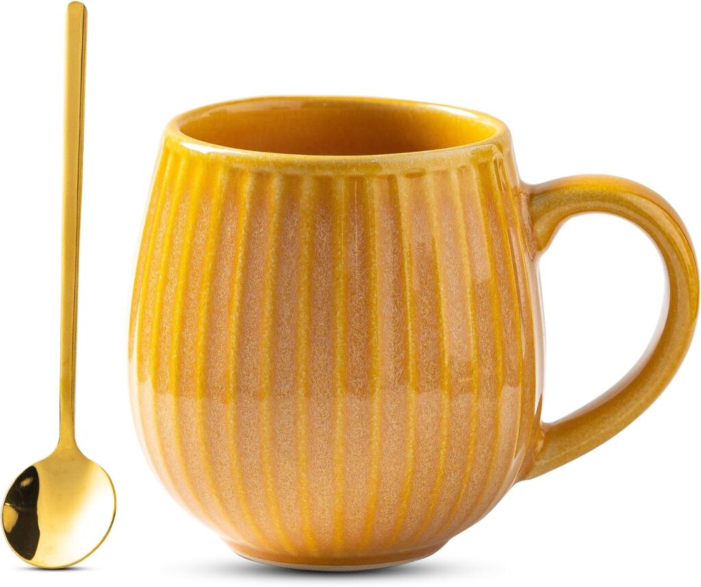 Unique Kiln-Fired Glaze Ceramic Mug (16 oz) with Gold Coffee Spoon – Stoneware Handcrafted Drum Shape Large Cup, Dishwasher Oven Safe, Brilliant Yellow