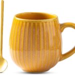 Unique Kiln-Fired Glaze Ceramic Mug (16 oz) with Gold Coffee Spoon – Stoneware Handcrafted Drum Shape Large Cup, Dishwasher Oven Safe, Brilliant Yellow