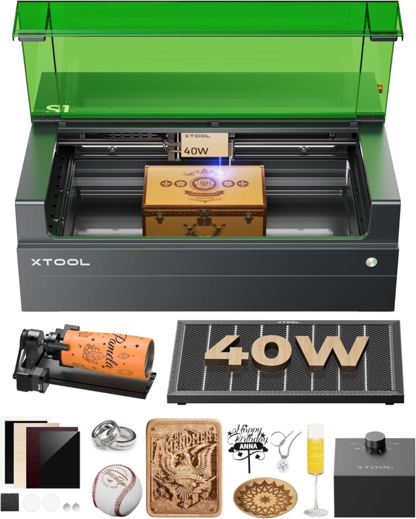 xTool S1 40W Laser Cutter and Laser Engraver for Tumblers, 23.93″ x 15.16″ Bed Size, 600mm/s Speed, Laser Engraving Machine, Laser Engraver for Wood and Metal, Acrylic, Big Project – Rotary Bundle