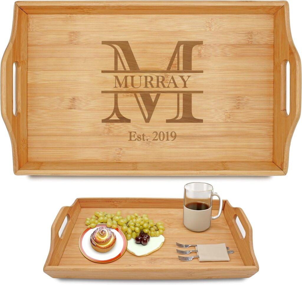 Personalized Bamboo Wood Serving Tray with Handles, Engraved Wooden Trays, Wedding Gifts, Housewarming Gifts (Murray)