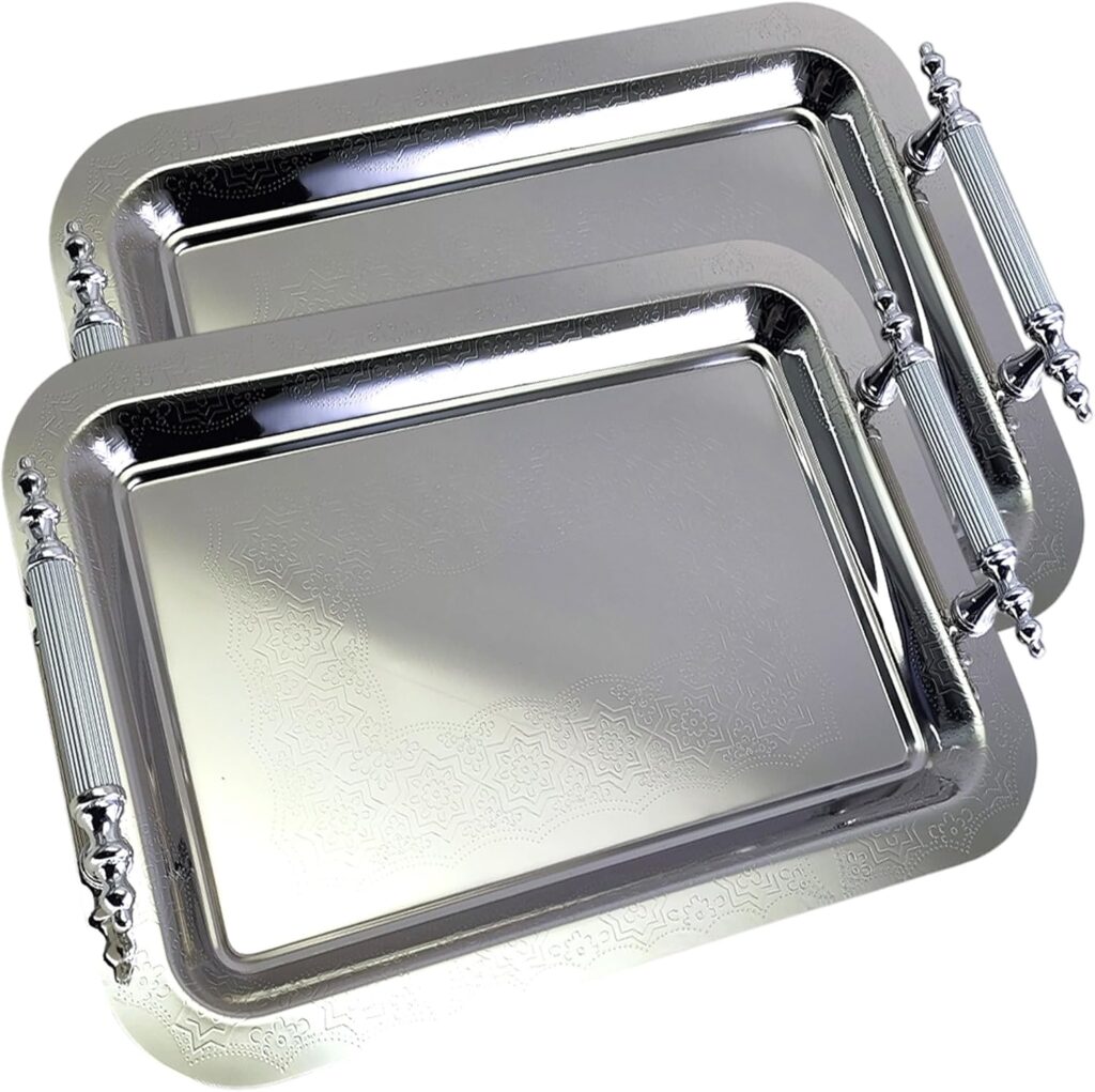 (Pack of 2 14.2 inch x 10.2 inch Oblong Chrome Plated Serving Tray with Handles Stylish Design Floral Engraved Edge Decorative Party Wedding Dessert Buffet Wine Platter Plate NC-229