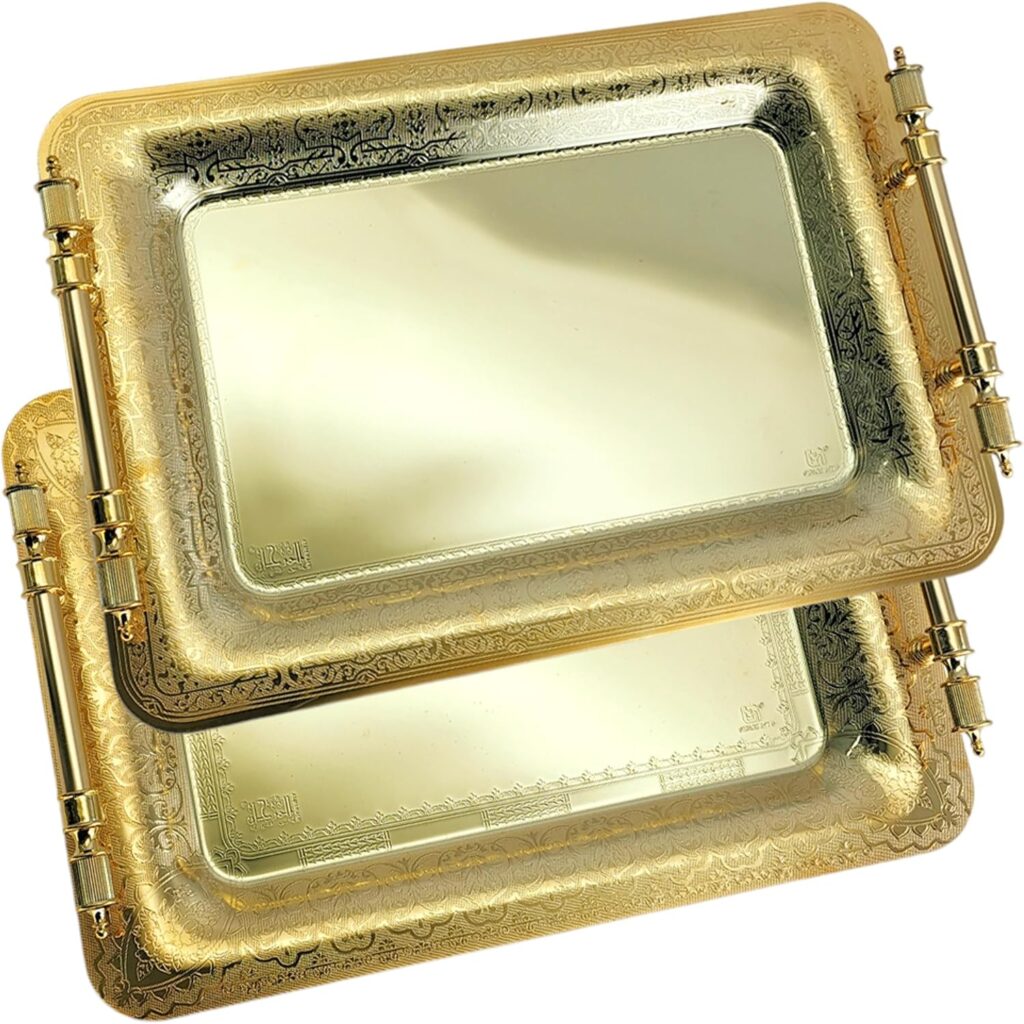 (Pack of 2) 15.7 inch x 11 inch Oblong Iron Gold Plated Mirror Serving Tray with Handles Floral Engraved Decorative Party Birthday Dessert Wine Decor Platter Plate Base Dish NC-014