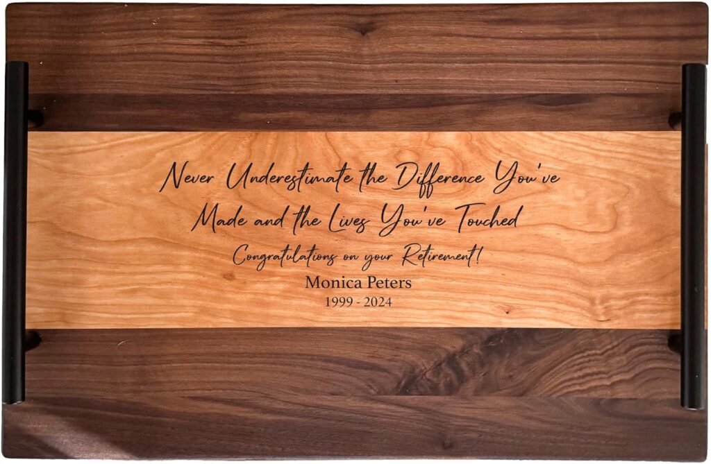 Retirement Personalized Serving Tray | Engraved Name & Date | Custom Gift for Boss, Coworker, Retiree, Employee | Cherry, Maple, Walnut Wood Tray with Handles