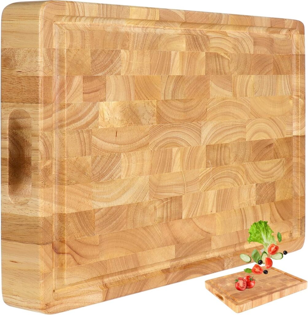 Wooden Butcher Block End Grain Cutting Board – 17x13x1.5in Reversible Multipurpose Chopping Board with Juice Groove, Cracker Holder & Inner Handles