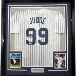 Framed Facsimile Autographed Aaron Judge 35×39 New York Pinstripe Reprint Laser Auto Baseball Jersey