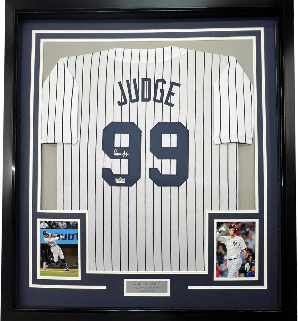 Framed Facsimile Autographed Aaron Judge 35×39 New York Pinstripe Reprint Laser Auto Baseball Jersey