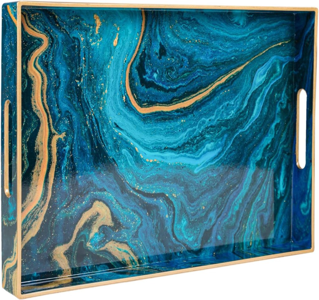 MAONAME Plastic Decorative Tray, Marbling Tray with Handles, Rectangular Coffee Table Trays, Blue Serving Trays for Ottoman, Bathroom, 15.7” x 11.8”