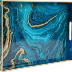 MAONAME Plastic Decorative Tray, Marbling Tray with Handles, Rectangular Coffee Table Trays, Blue Serving Trays for Ottoman, Bathroom, 15.7” x 11.8”