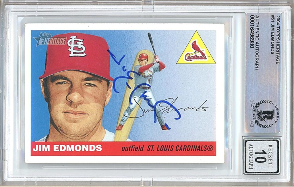 Jim Edmonds Signed 2004 Topps Heritage Card #246, Beckett Authentic Autograph BGS Auto-10 Graded Slab, St Louis Cardinals Autographed Baseball Memorabilia