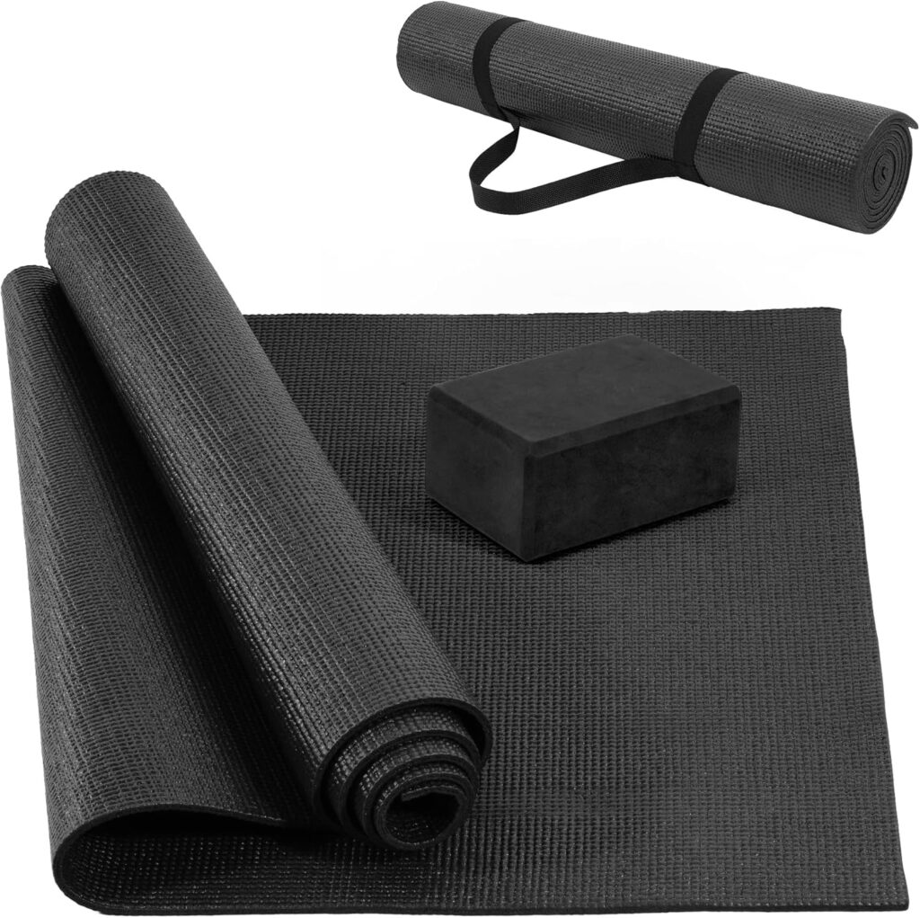 Signature Fitness All Purpose 0.25 Inch Thick High Density No Tear Exercise Yoga Mat with Strap & Lightweight Features for Indoor & Outdoor Use, Black