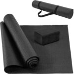 Signature Fitness All Purpose 0.25 Inch Thick High Density No Tear Exercise Yoga Mat with Strap & Lightweight Features for Indoor & Outdoor Use, Black