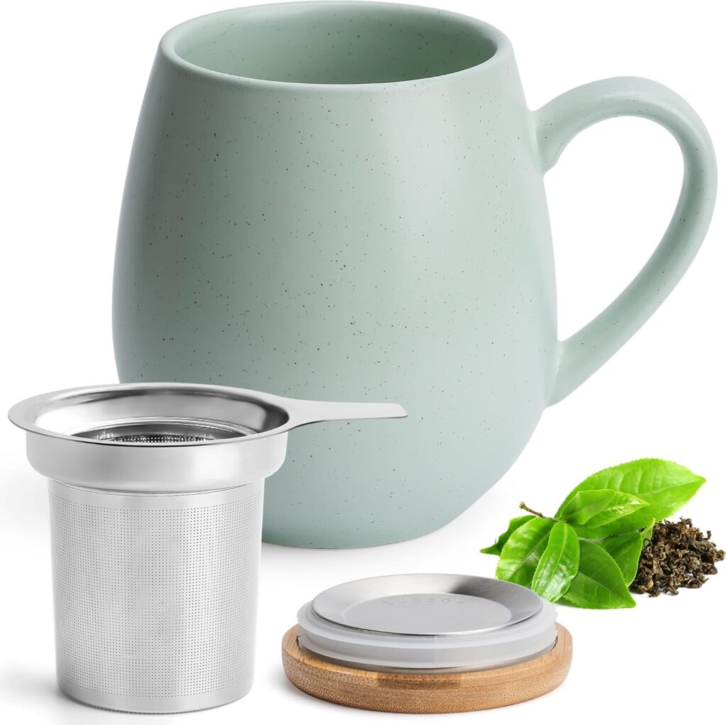 Large Tea Cup with Infuser and Lid – 19 oz – Steeping Tea Cup – Teacup – Tea Steeper Cup with Handle – Loose Leaf Tea Infuser Mug in Light Mint