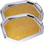 (Pack of 2) 18.4 inch x 12.7 inch Octagonal Iron Gold Serving Tray with Handles Edge Floor Pattern Engraved Decorative Birthday Dessert Snack Wine Candle Platter Plate Party CC-1638