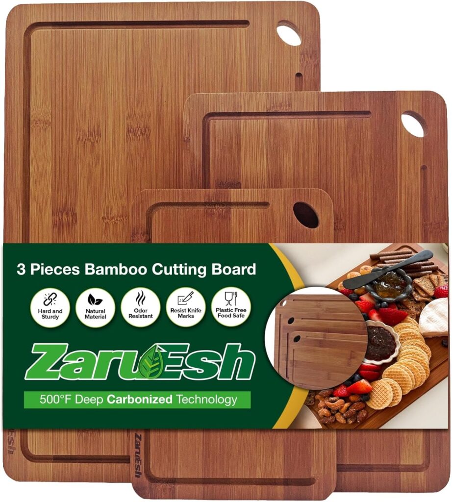 Bamboo Cutting Boards, Durable Wood Cutting Boards for Kitchen – Deep Carbonized Wooden Chopping Boards with Juice Grooves & Builtin Handles, Ideal Charcuterie Double-Sided Serving Tray for Kitchen