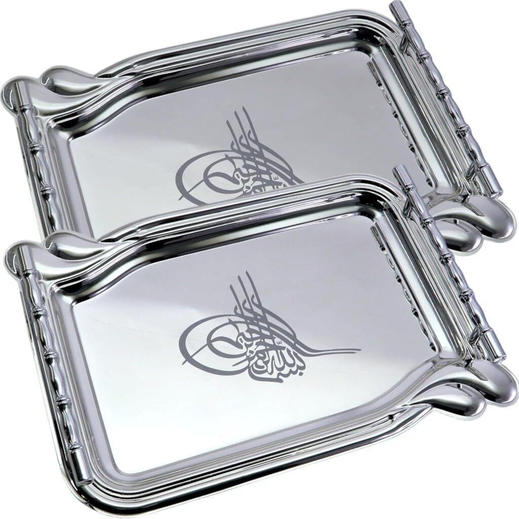 (Pack of 2) 13.4 inch x 9.3 inch Oblong Chrome Plated Mirror Silver Serving Tray with Handles Stylish Floral Engraved Edge Decorative Party Birthday Wedding Buffet Platter Plate CC-1362