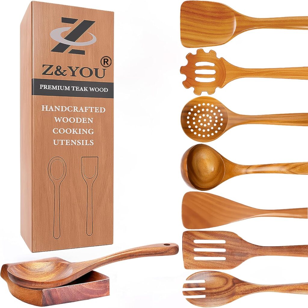 9-Piece Teak Wooden Utensil Set – Wooden Spoons for Cooking with Spoon Rest, Wooden Spatula, and Non Toxic Cooking Utensils – Premium Kitchen Utensils Set for Daily Use