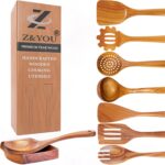 9-Piece Teak Wooden Utensil Set – Wooden Spoons for Cooking with Spoon Rest, Wooden Spatula, and Non Toxic Cooking Utensils – Premium Kitchen Utensils Set for Daily Use