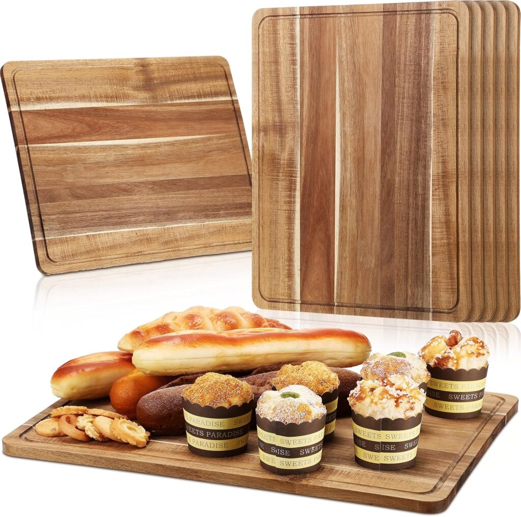 Nuogo 6 Pcs Large Acacia Wood Cutting Board 18 x 14 Inch Wooden Chopping Board with Juice Groove Reversible Wood Cutting Board Charcuterie Chopping Butcher Block for Kitchen Fruit Meat Veggies