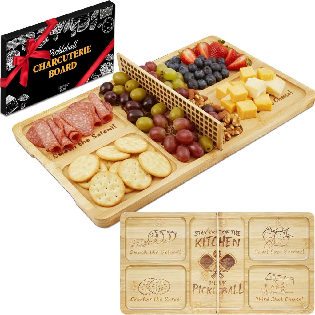 Pickleball Court Charcuterie Board with Net, Funny Pickleball Gifts for Men & Women, 2-in-1 Bamboo Serving Tray & Cutting Board, Pickleball Kitchen Decor, Gift-Ready Box for Pickleball Lovers