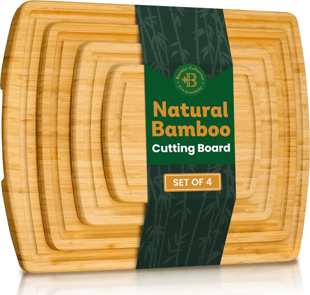Wood Cutting Board – 4 Piece Bamboo Cutting Board Set, Wooden Cutting Boards for Kitchen with Deep Juice Groove, Side Handles – Chopping Boards for Meat, Vegetables, Charcuterie – Kitchen Gift Set