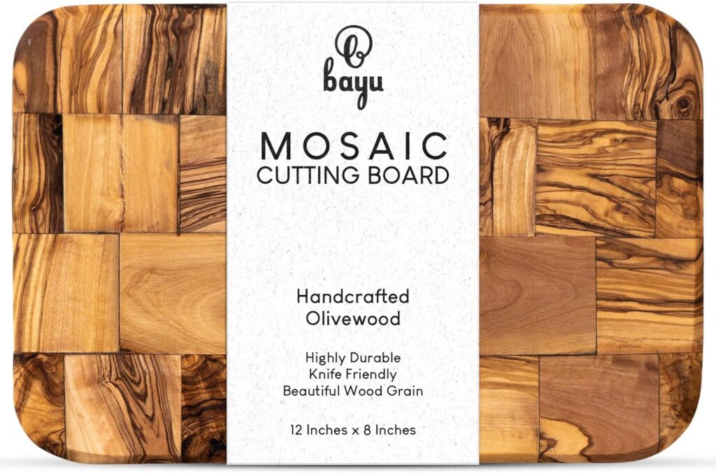 Bayu Handcrafted Olive Wood Charcuterie Board and Serving Platter, 12″ x 8″ x 0.8″ Olive Wood Cutting Board with Rustic Natural Finish, Wooden Kitchen Accessories