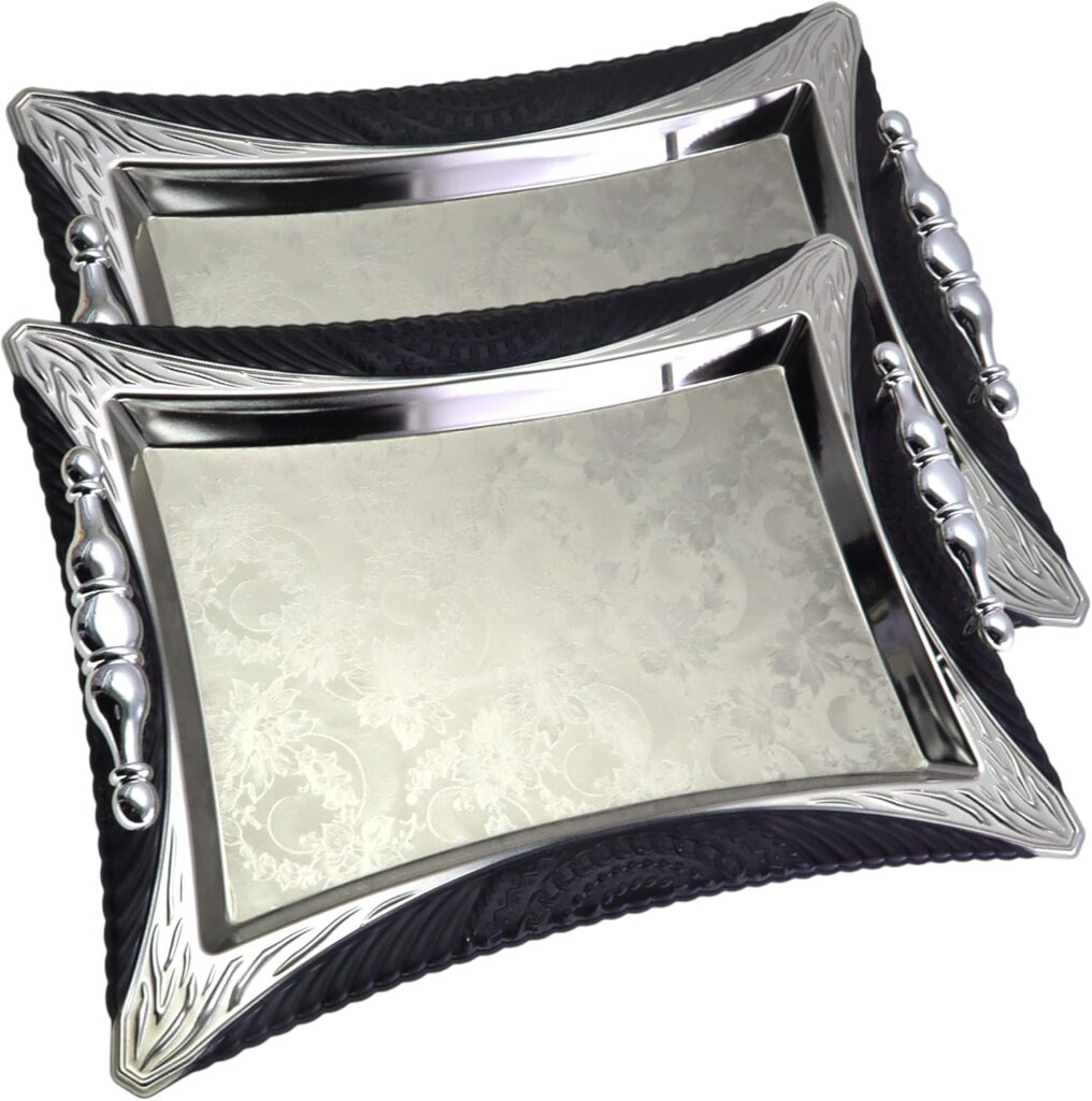 (Pack of 2) 14.1 inch x 10.2 inch Chrome Plated Silver Serving Tray with Handles Stylish Design Floral Engraved Edge Decorative Birthday Wedding Buffet Wine Platter Plate Dish CC-398