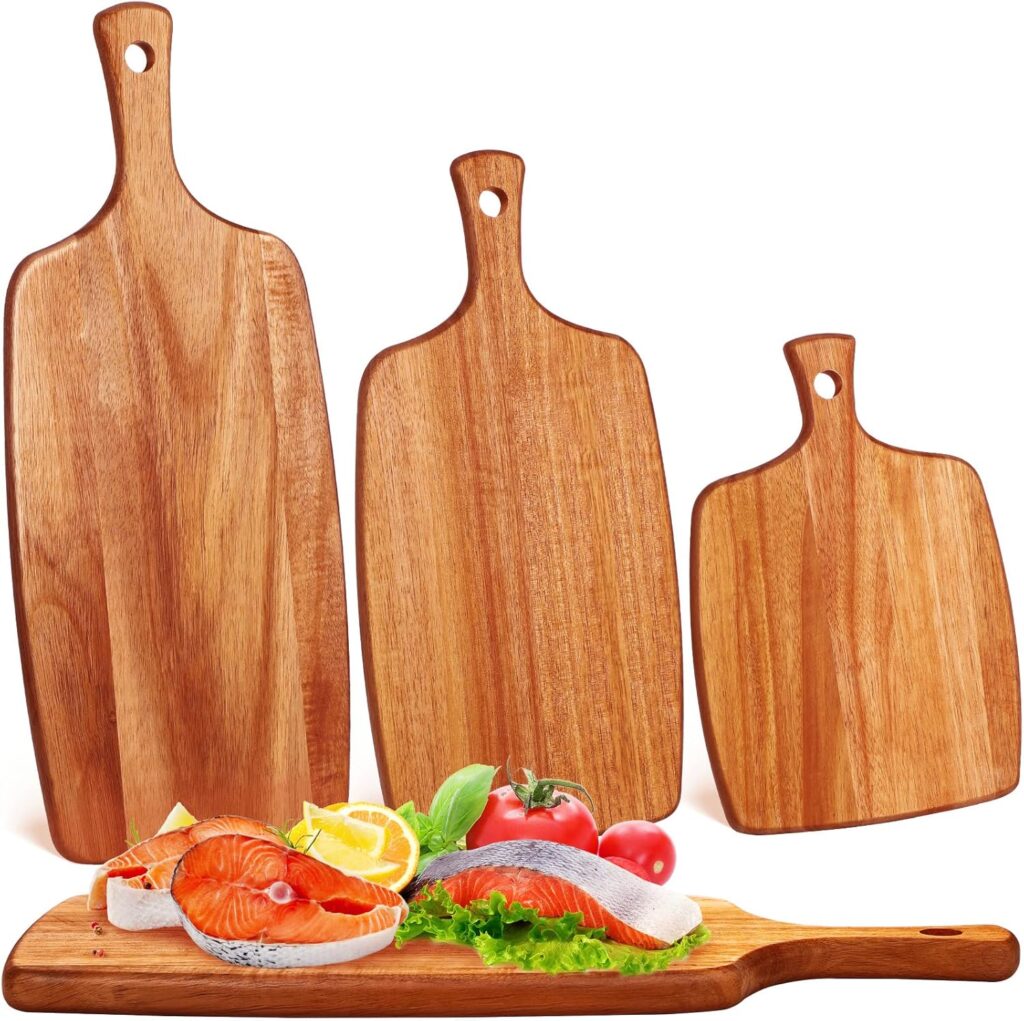 Kathfly 3 Pcs Acacia Wood Cutting Board with Handle Wooden Laser Kitchen Serving Charcuterie Board for Vegetables Meat Pizza Cheese Fruit Bread(17×7, 14×7, 10×7 Inch)