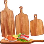 Kathfly 3 Pcs Acacia Wood Cutting Board with Handle Wooden Laser Kitchen Serving Charcuterie Board for Vegetables Meat Pizza Cheese Fruit Bread(17×7, 14×7, 10×7 Inch)