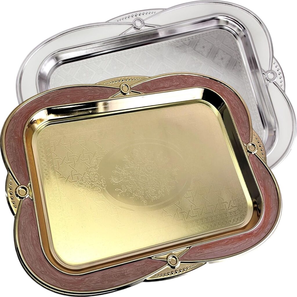 (Pack of 2) 17.3 inch x 12.6 inch Floral Oblong Shape Antique Decorative Style Chrome Plated & Iron Gold Serving Tray in Floral Engraved Pink Edge Platter Plate NC-130