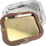 (Pack of 2) 17.3 inch x 12.6 inch Floral Oblong Shape Antique Decorative Style Chrome Plated & Iron Gold Serving Tray in Floral Engraved Pink Edge Platter Plate NC-130