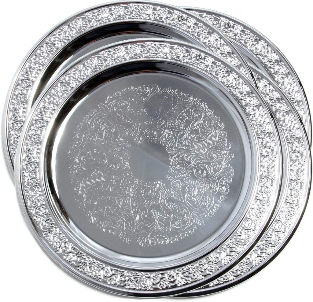 (Pack of 4) 11″ Traditional Round Floral Pattern Engraved Catering Chrome Plated Serving Tray Mirror Deco Plate Platter Tableware Holiday Wedding Buffet Serving (Medium) T471-11-4PK