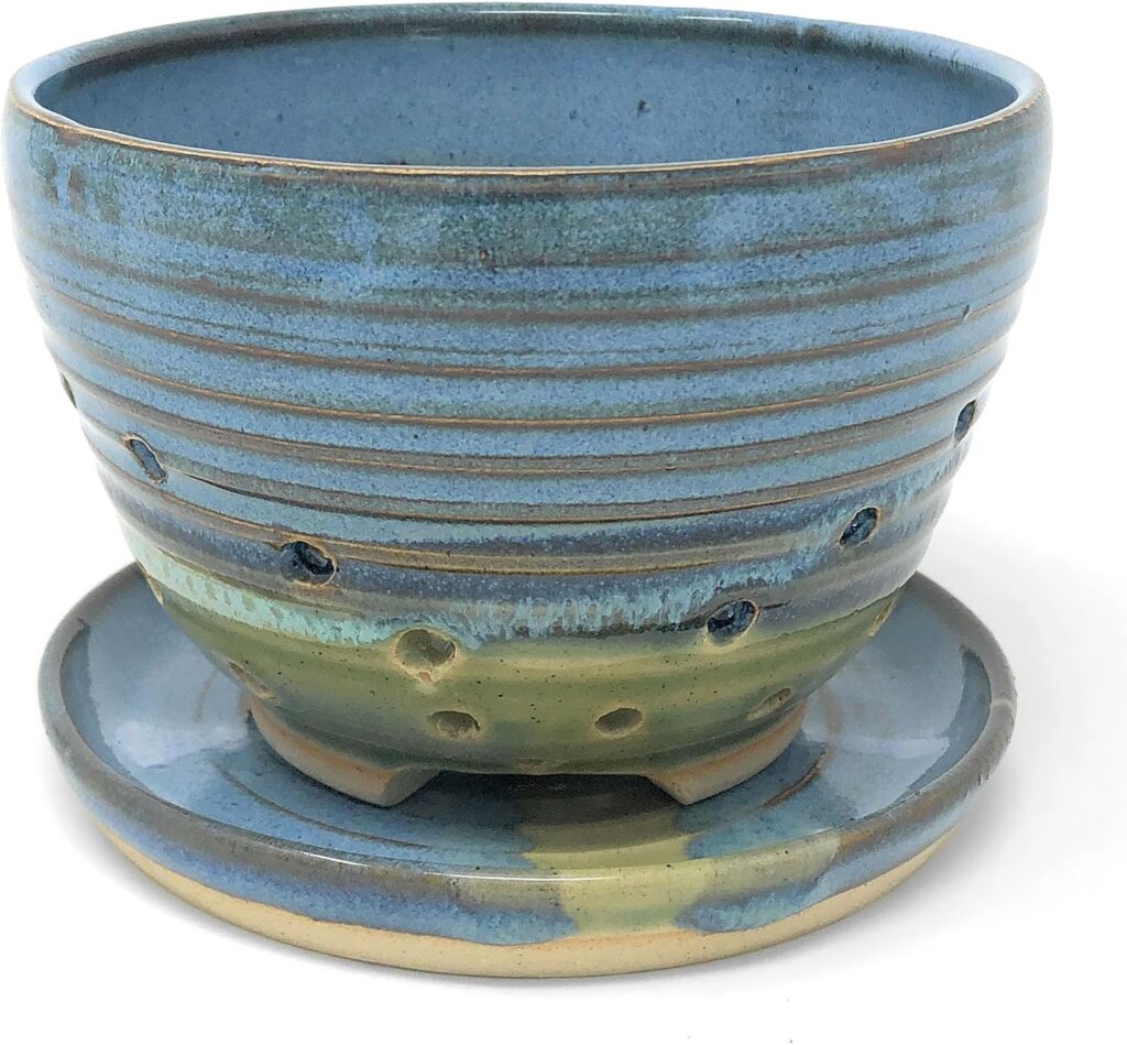 Handmade American Pottery Berry Bowl with Saucer by Coastal Clay Co., Blue/Multi