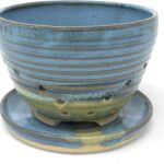 Handmade American Pottery Berry Bowl with Saucer by Coastal Clay Co., Blue/Multi