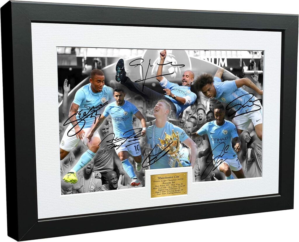 A3+ 2017/18 Premier League CHAMPIONS CELEBRATION Signed Manchester City Guardiola De Bruyne Agüero Sterling Jesus Sane Autographed Photo Photograph Picture Frame Soccer Gift