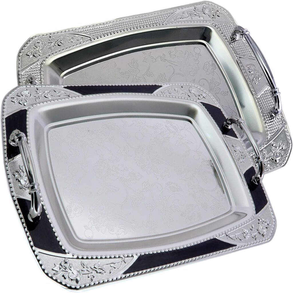 (Pack of 2) 14.4 inch x 10.6 inch Oblong Chrome Plated Serving Tray with Handles Stylish Design Floral Engraved Black Edge Decorative Wedding Dessert Buffet Wine Platter Plate NC-191