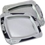 (Pack of 2) 14.4 inch x 10.6 inch Oblong Chrome Plated Serving Tray with Handles Stylish Design Floral Engraved Black Edge Decorative Wedding Dessert Buffet Wine Platter Plate NC-191