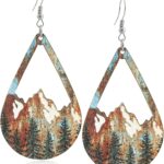 Handmade Bohemian Colorful Vintage Nature Wooden Mountain Dangle Drop Earrings Boho Lightweight Wood Hollow Teardrop Hook Earring with Tree Pattern for Women Statement Outdoor Enthusiast Jewelry Gifts