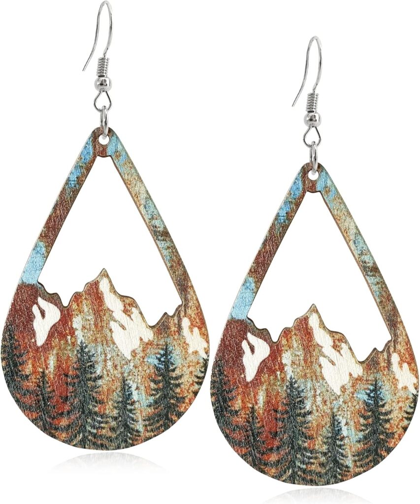 Handmade Bohemian Colorful Vintage Nature Wooden Mountain Dangle Drop Earrings Boho Lightweight Wood Hollow Teardrop Hook Earring with Tree Pattern for Women Statement Outdoor Enthusiast Jewelry Gifts