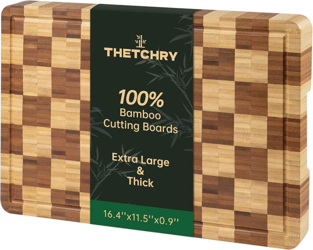 Bamboo Cutting Boards for Kitchen, End Grain Wood Cutting Board with Juice Grooves & Handles, Charcuterie Checkered Chopping Board Thick Butcher Block Serving Tray with Gift Box, 16.4″×11.5″× 1″