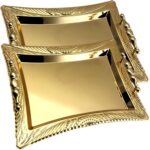 (Pack of 2) 14.2 inch x 10.4 inch Rectangular Iron Gold Plated Mirror Serving Tray with Handles Floral Engraved Party Birthday Wedding Wine Candle Decor Platter Plate Base Dish GD-332